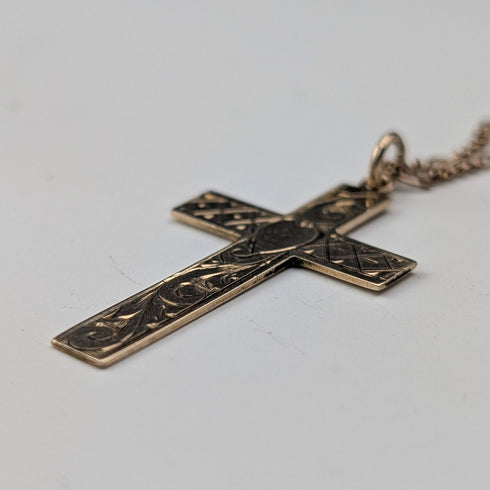 アンティーク 9ctゴールド クロス型ペンダント 9ctゴールドネックレスチェーン付